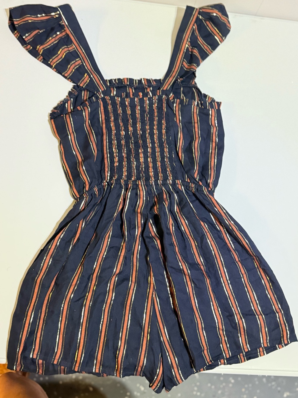 saltwater LUXE Navy Romper with Rust and Metallic Gold Stripes - Picture 6 of 6